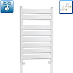 With Straight Inline Valves 800 x 500 White Heated Flat Panel Towel Rail Radiator Central Heating