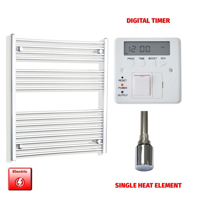 Single Heat Element + Digital Timer 800 x 900 Flat Chrome Pre-Filled Electric Heated Towel Rail