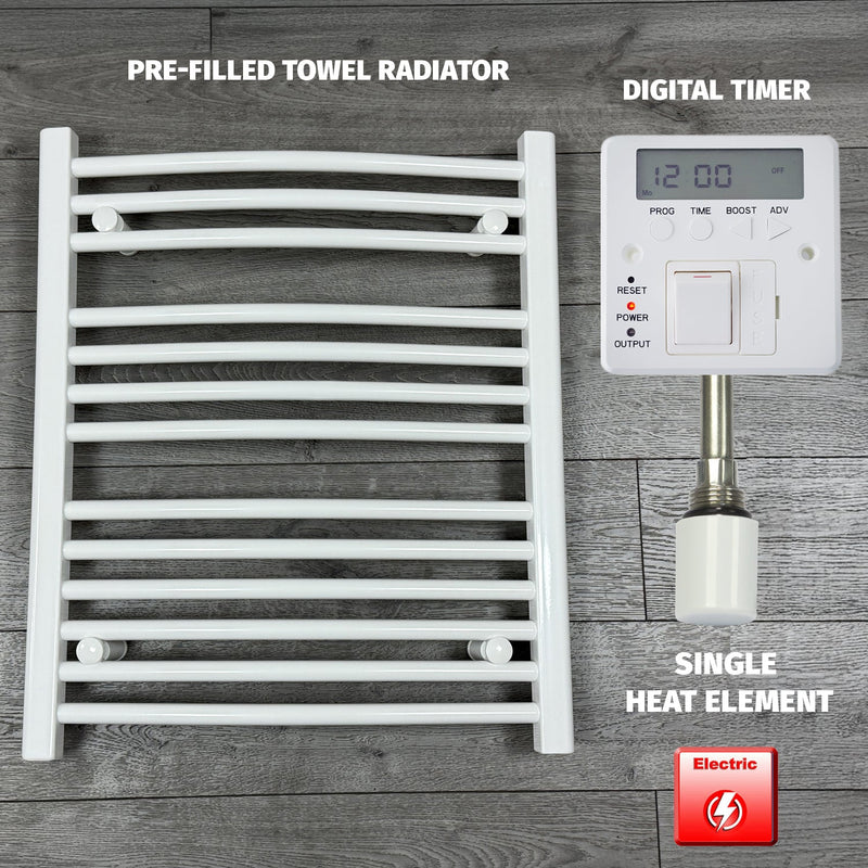 600 x 700 Electric Heated Towel Rail White Pre-Filled Curved