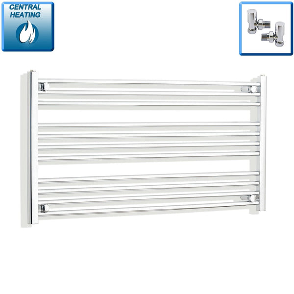 With Angled Valve 1100mm Wide 600mm High Flat Chrome Heated Towel Radiator