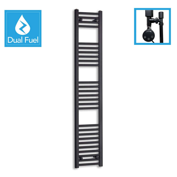 300 x 1600 Dual Fuel Flat Black Heated Towel Rail