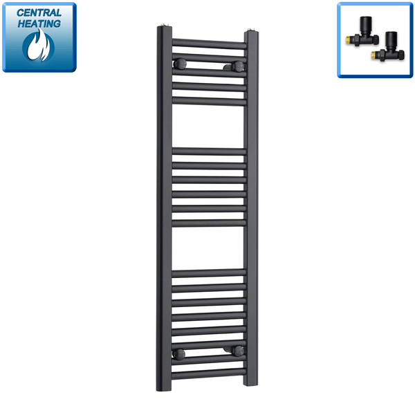 With Straight Valve 300mm Wide 1000mm High Flat Black Towel Rail Radiator HTR