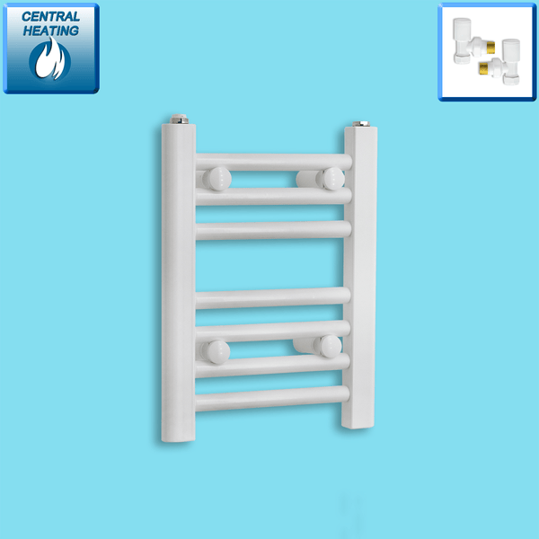 With Angled Valve 300mm Wide 400mm High Flat White Heated Towel Rail Radiator