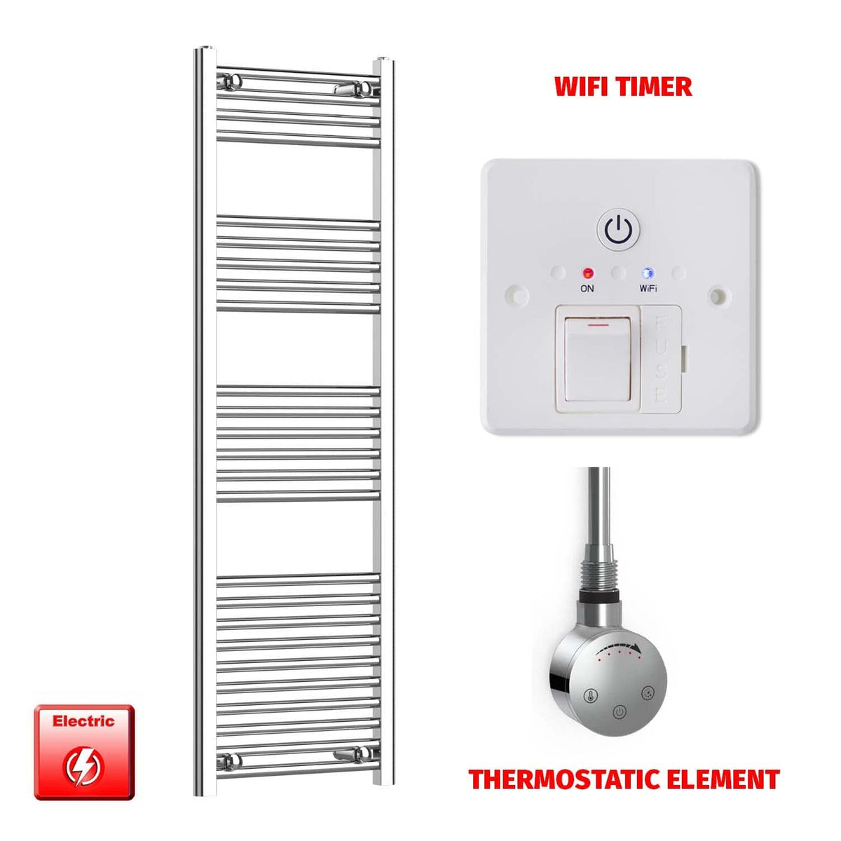 Thermostatic Element + Wifi Timer 400 x 1400 Flat Chrome Electric Towel Rail Pre-Filled HTR