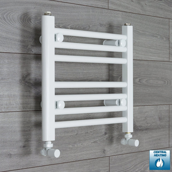 With Angled Valve 400 x 400mm High Flat White Heated Towel Rail Radiator HTR