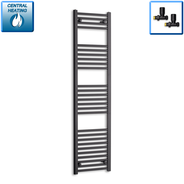 With Straight Valve 400mm Wide 1600mm High Flat Black Heated Towel Rail Radiator