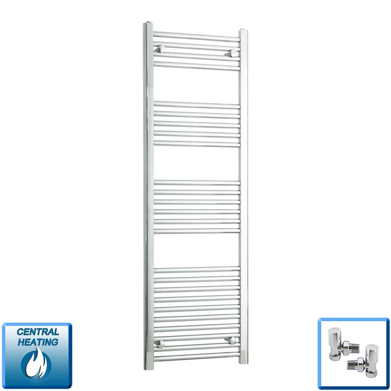 With Angled Valves 500mm W x 1400mm H Heated Straight Chrome Towel Radiator
