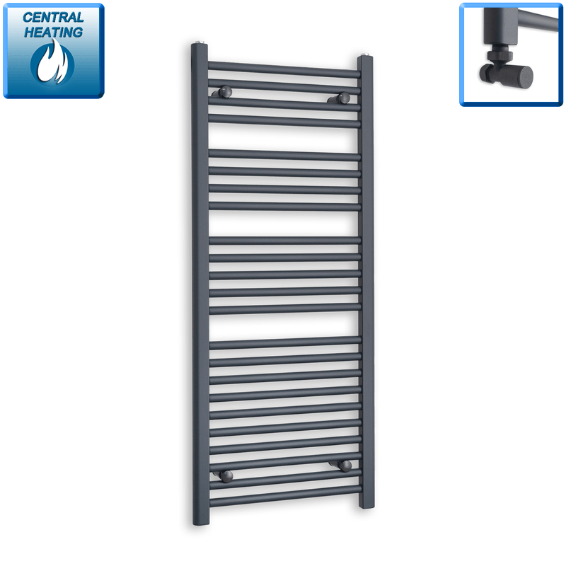 With Angled Valve 500mm Wide 1200mm High Flat Anthracite Heated Towel Rail