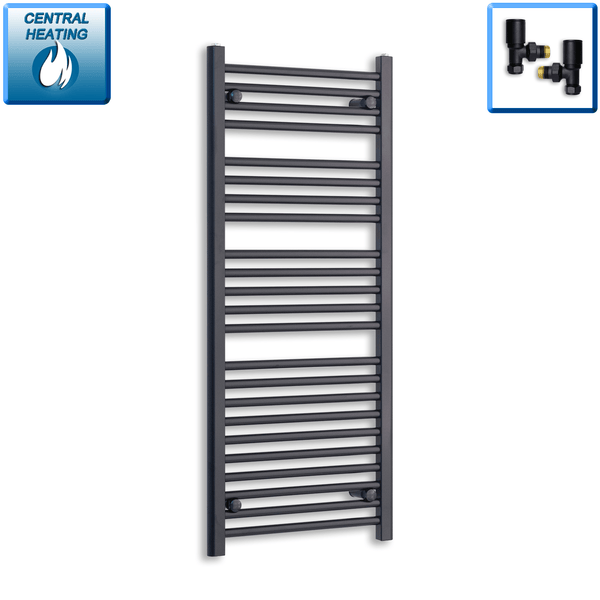 With Angled Valve 500mm Wide 1200mm High Flat Black Heated Towel Rail Radiator