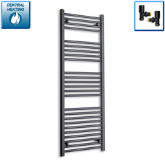 With Angled Valve 500mm Wide 1400mm High Flat Black Heated Towel Rail Radiator