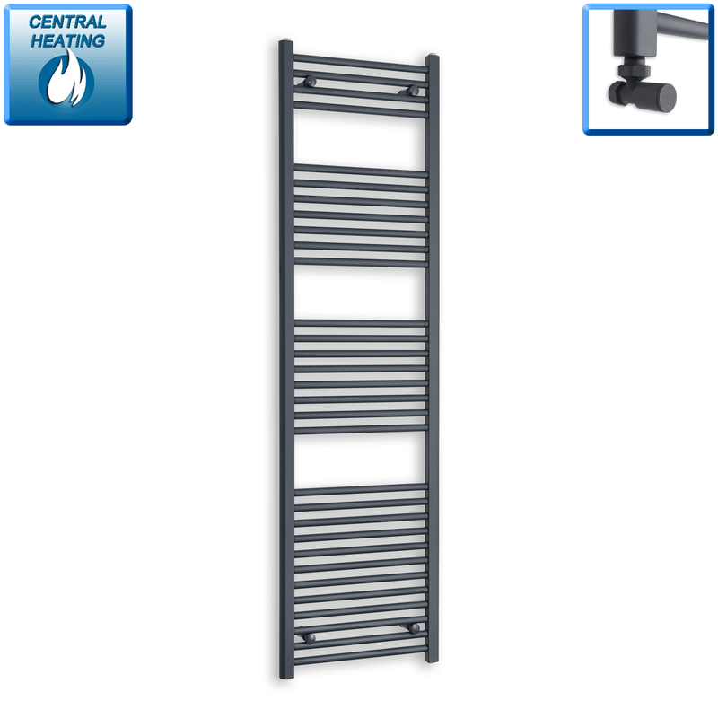 With Angled Valve 500mm Wide 1800mm High Flat Anthracite Heated Towel Radiator