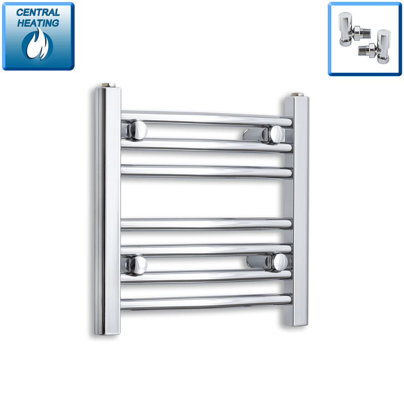 With Angled Valve 500mm Wide 400mm High Flat Chrome Heated Towel Rail