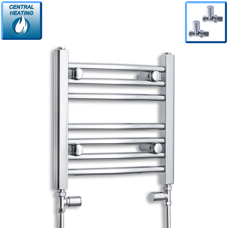 With Straight Valve 500mm Wide 400mm High Flat Chrome Heated Towel Rail