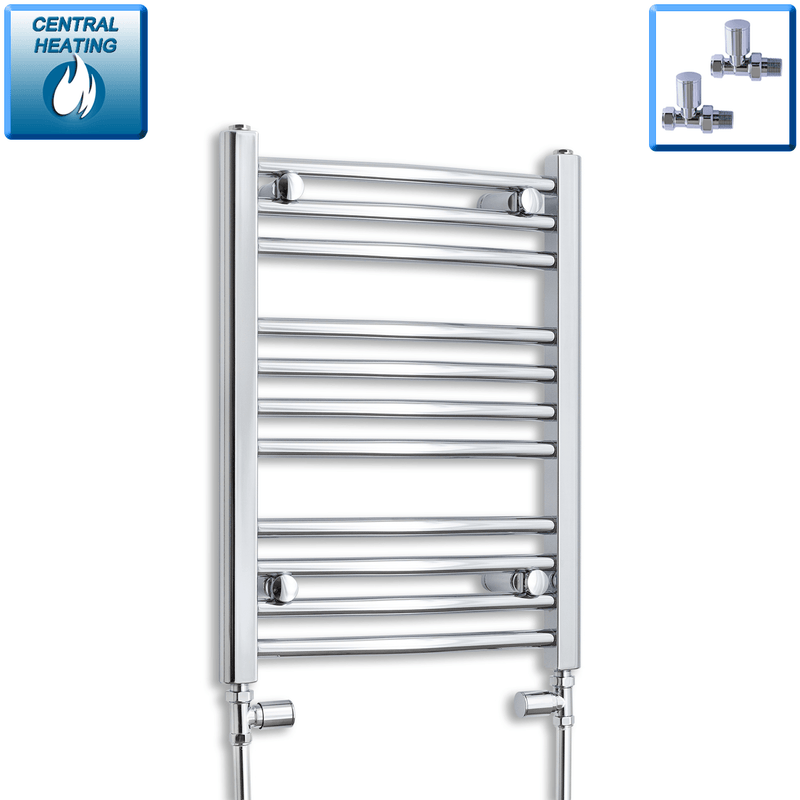 With Straight Valve 500mm Wide 600mm High Flat Chrome Heated Towel Rail