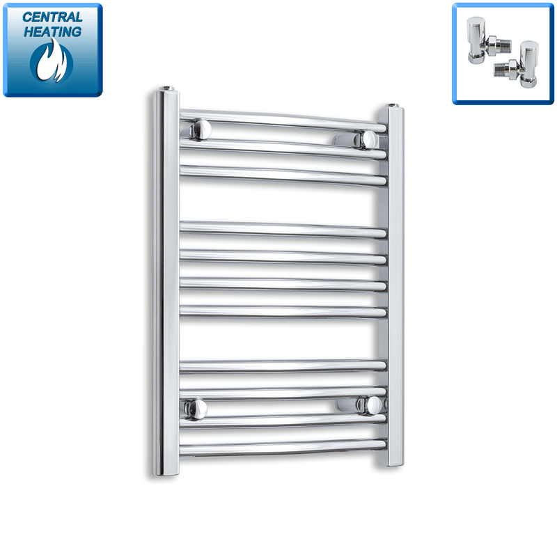 With Angled Valve 500mm Wide 600mm High Flat Chrome Heated Towel Rail