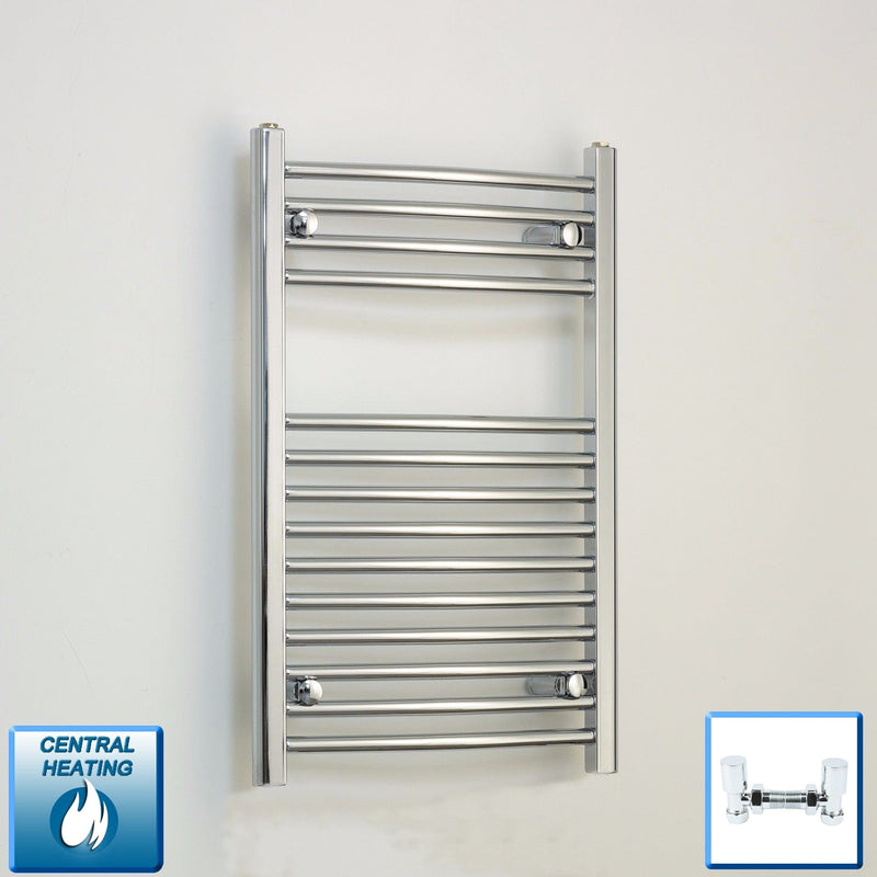 With Angled Valve 500mm Wide 800mm High Curved Chrome Heated Towel Rail