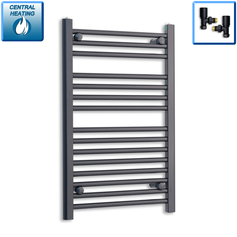 With Angled Valve 500x 800mm High Flat Black Heated Towel Rail Radiator HTR