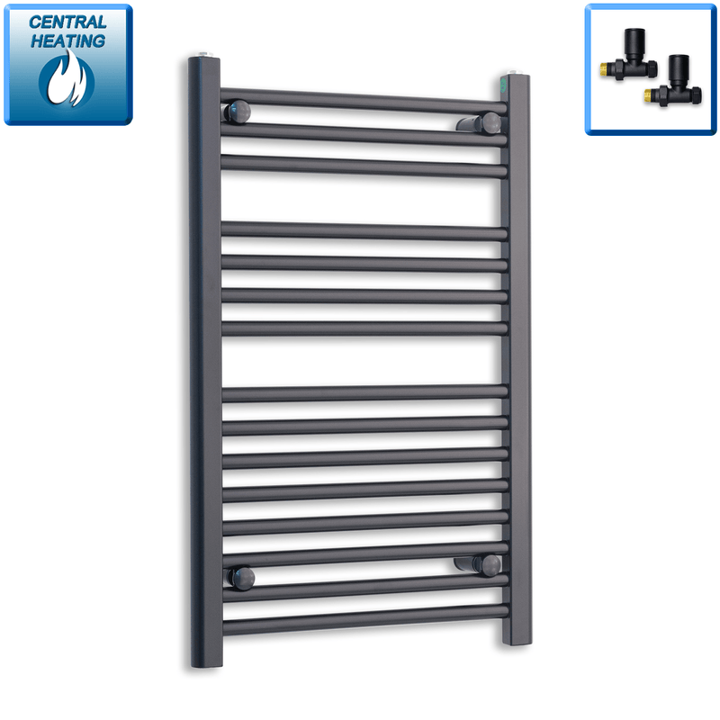 With Straight Valve 500x 800mm High Flat Black Heated Towel Rail Radiator HTR