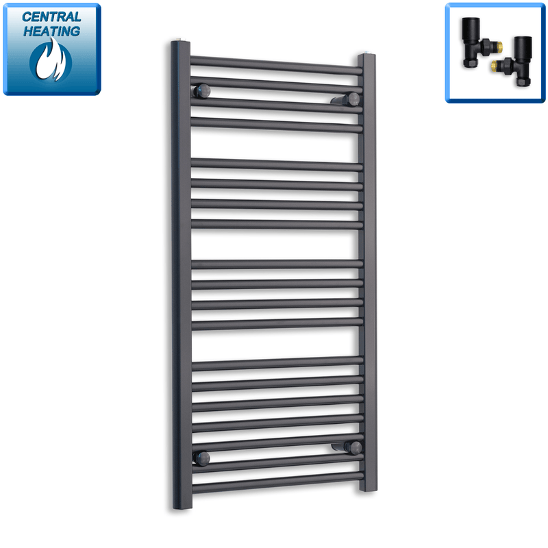 With Angled Valve 550mm Wide 1000mm High Flat Black Heated Towel Rail HTR