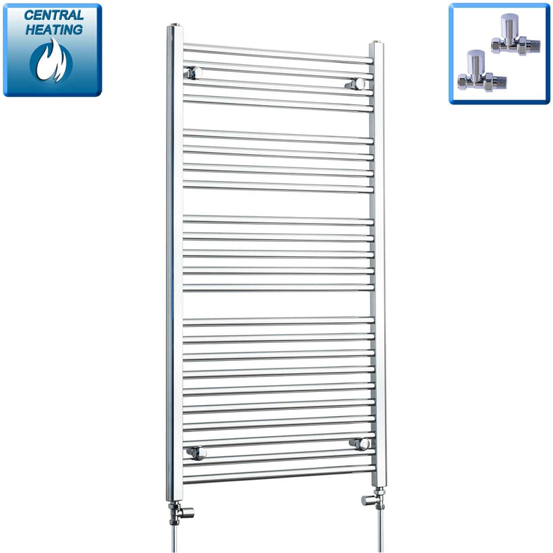 With Straight Inline Valves 550mm Wide 1200mm High Flat Chrome Heated Towel Rail Radiator HTR