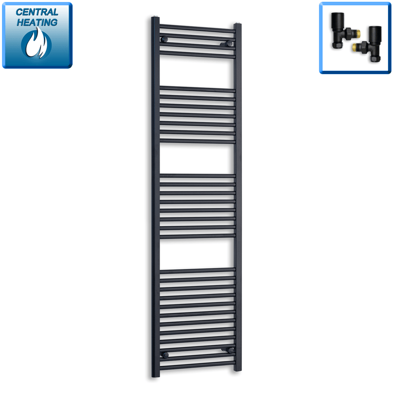 With Straight Valve 550mm Wide 1800mm High Flat Black Heated Towel Rail Radiator