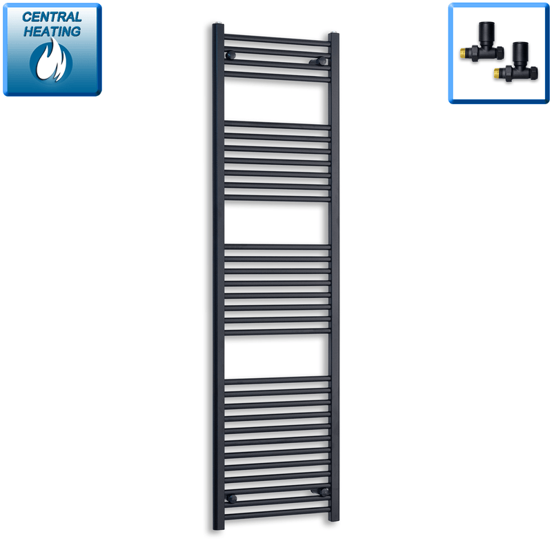 With Angled Valve 550mm Wide 1800mm High Flat Black Heated Towel Rail Radiator