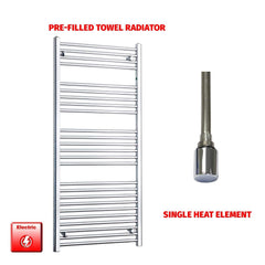 Single Heat Element 600 x 1400 Flat Chrome Pre-Filled Electric Heated Towel Rail