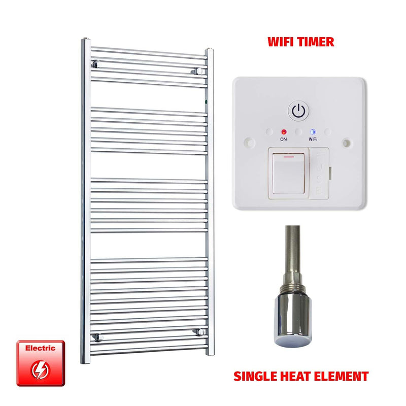 Single Heat Element + Wifi Timer 600 x 1400 Flat Chrome Pre-Filled Electric Heated Towel Rail