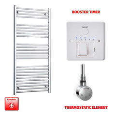 Thermostatic Element + Booster Timer 600 x 1400 Flat Chrome Pre-Filled Electric Heated Towel Rail