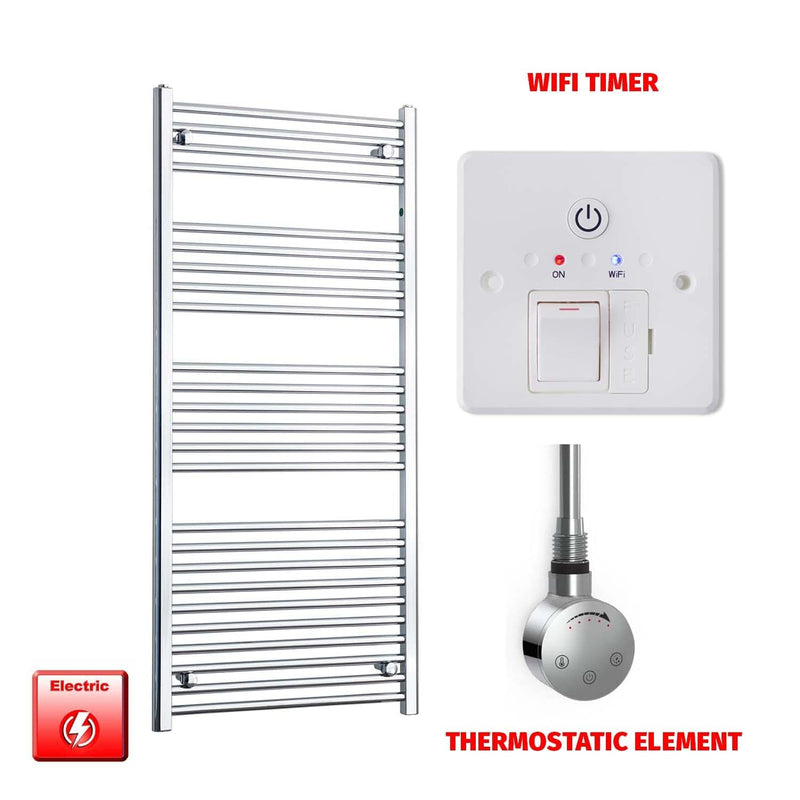 Thermostatic Element + Wifi Timer 600 x 1400 Flat Chrome Pre-Filled Electric Heated Towel Rail