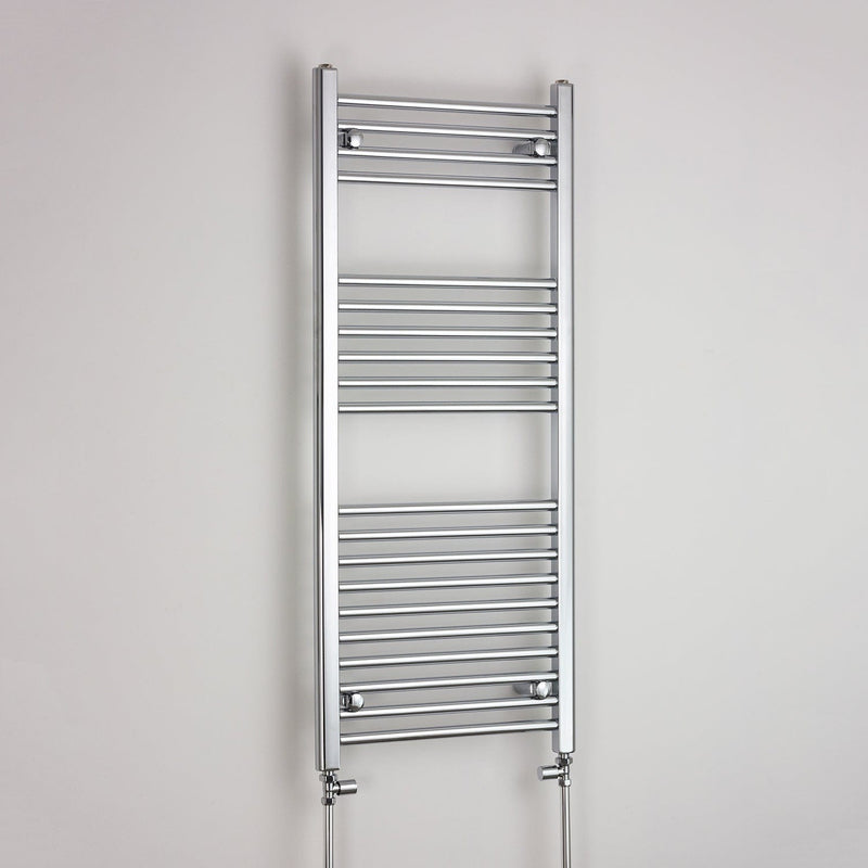 With Straight Valve 600mm Wide 1200mm High Flat Chrome Heated Towel Rail HTR