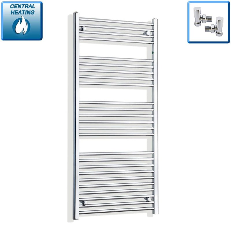 With Angled Valve 650mm Wide 1400mm High Flat Chrome Heated Towel Rail