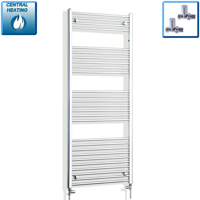 With Angled Valve 650mm Wide 1600mm High Flat Chrome Heated Towel Rail