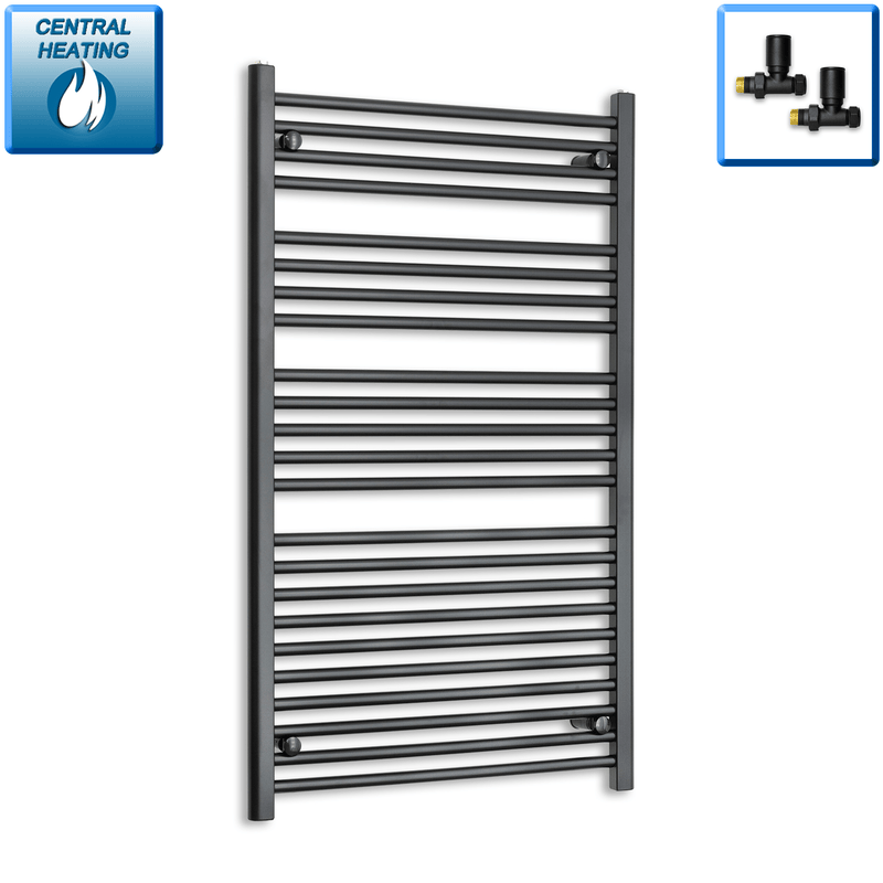 With Straight Valve 700 x 1200 Flat Black Heated Towel Rail Radiator HTR