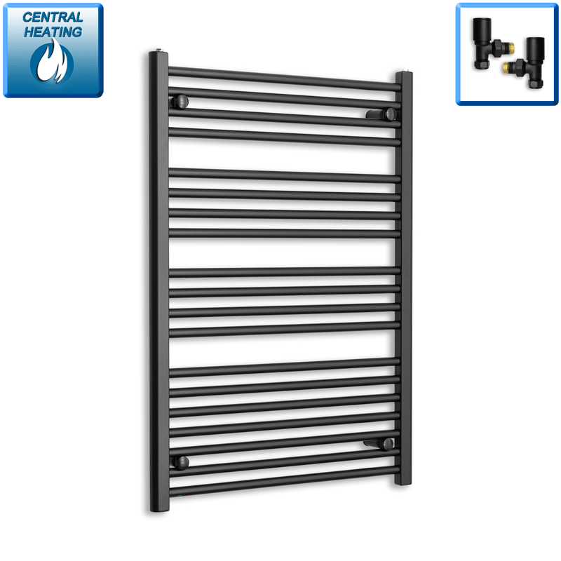 With Angled Valve 700mm Wide 1000mm High Flat Black Heated Towel Rail Radiator