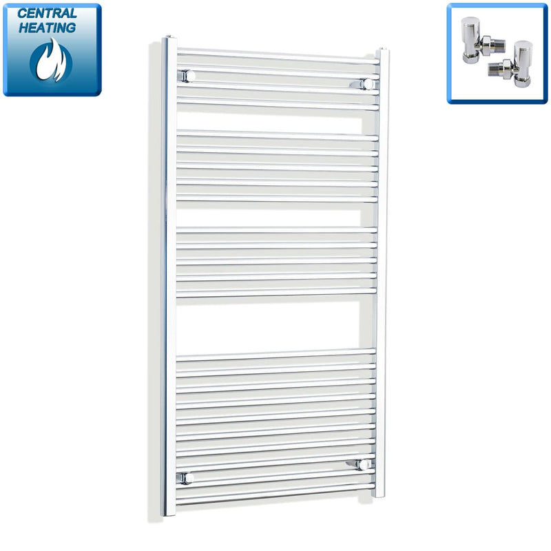 With Angled Valve 700mm Wide 1300mm High Flat Chrome Heated Towel Rail