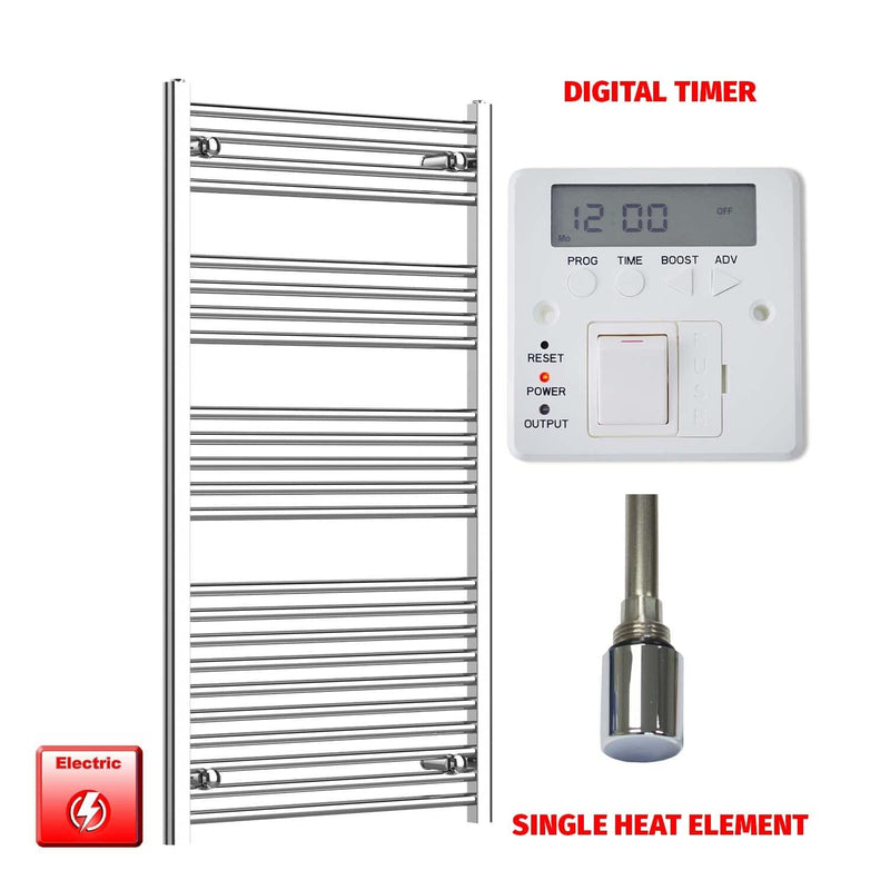 Single Heat Element + Digital Timer 750 x 1200 Pre-Filled Electric Towel Radiator Flat Chrome