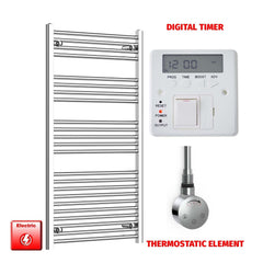 Thermostatic Element + Digital Timer 750 x 1200 Pre-Filled Electric Towel Radiator Flat Chrome