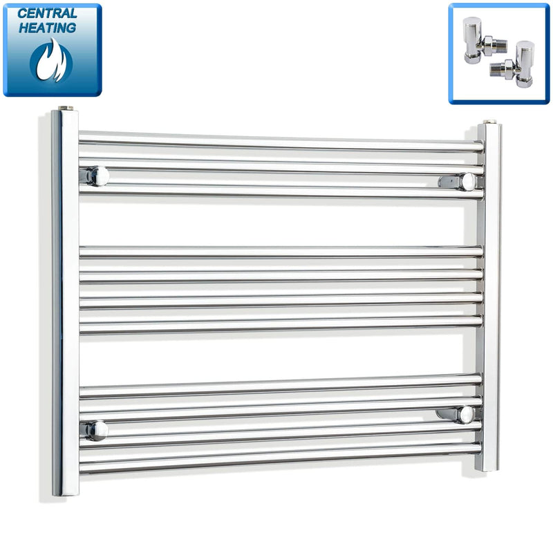 With Angled Valve 850mm Wide 600mm High Flat Chrome Heated Towel Rail Radiator