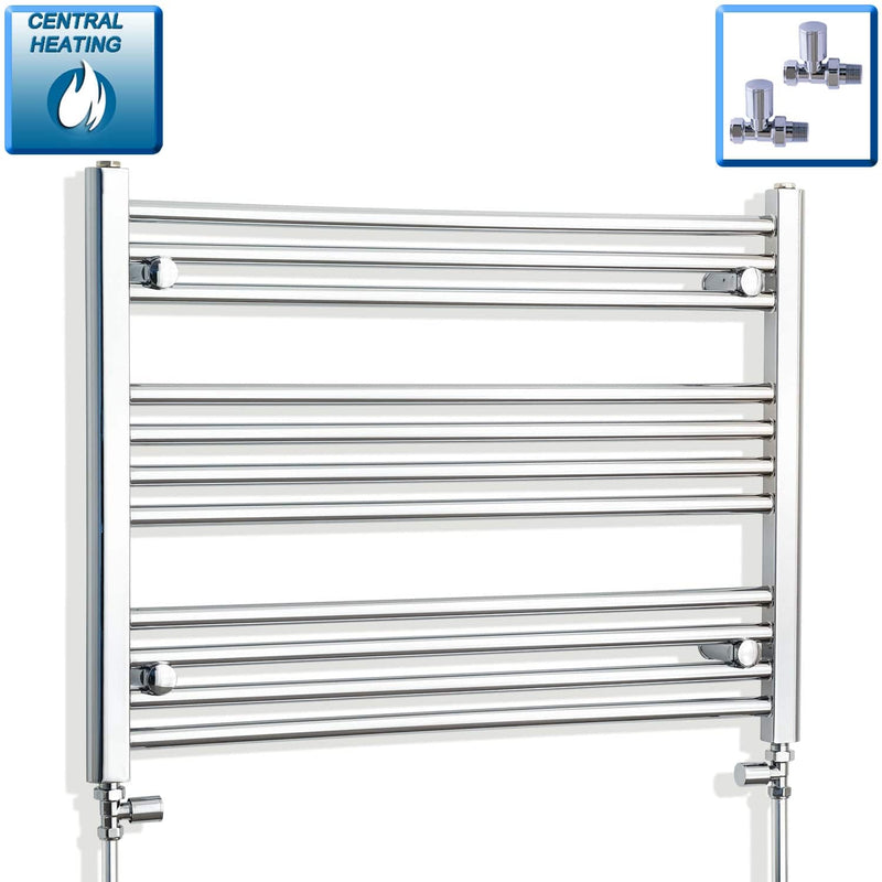 With Straight Valve 850mm Wide 600mm High Flat Chrome Heated Towel Rail Radiator