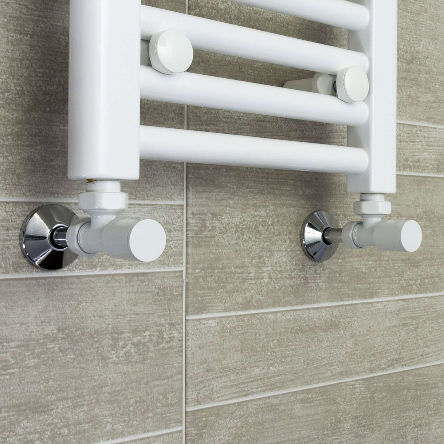 Angled White Towel Rail Radiator Valve in Pair