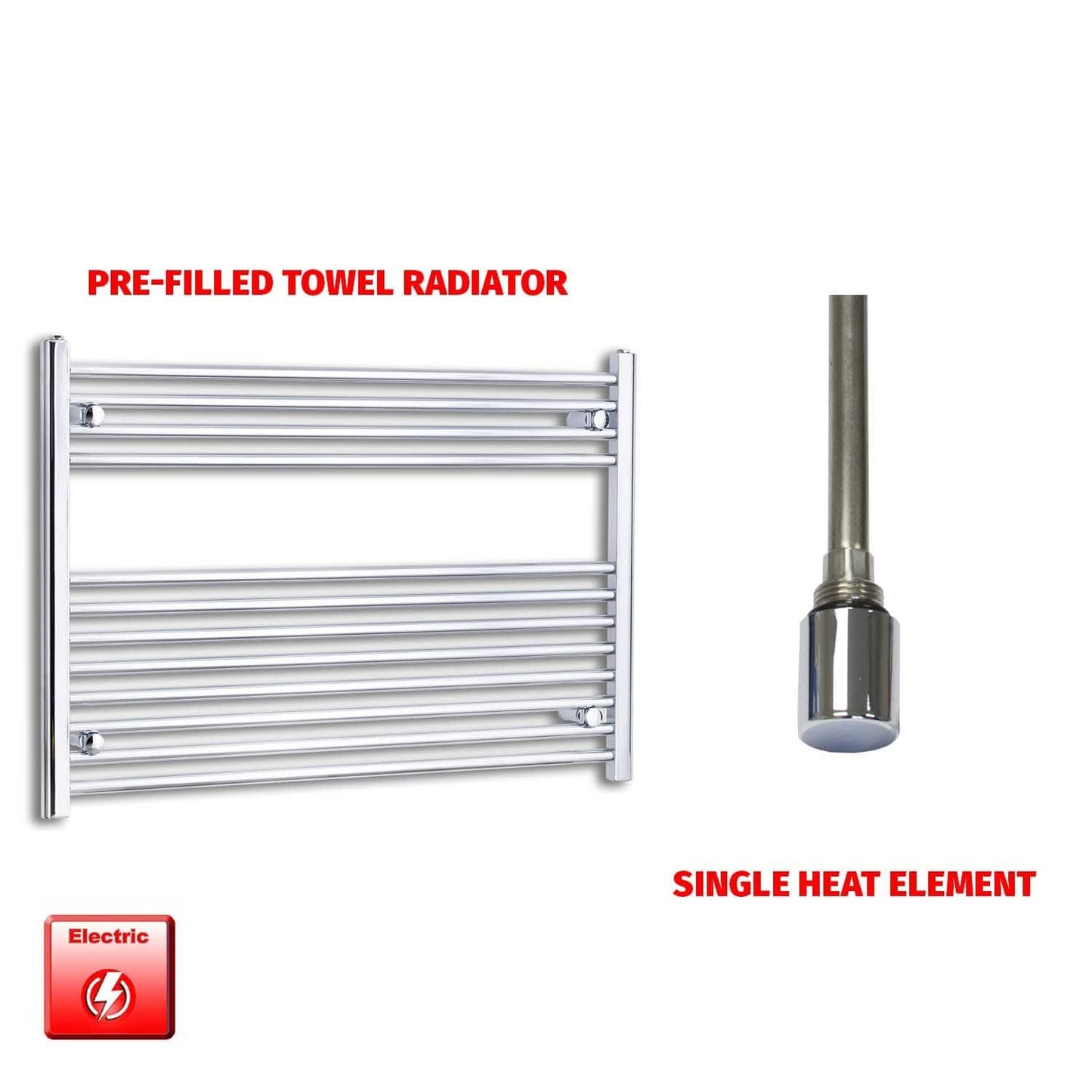 Single Heat Element 1000 x 700 Flat Chrome Pre-Filled Electric Heated Towel Rail