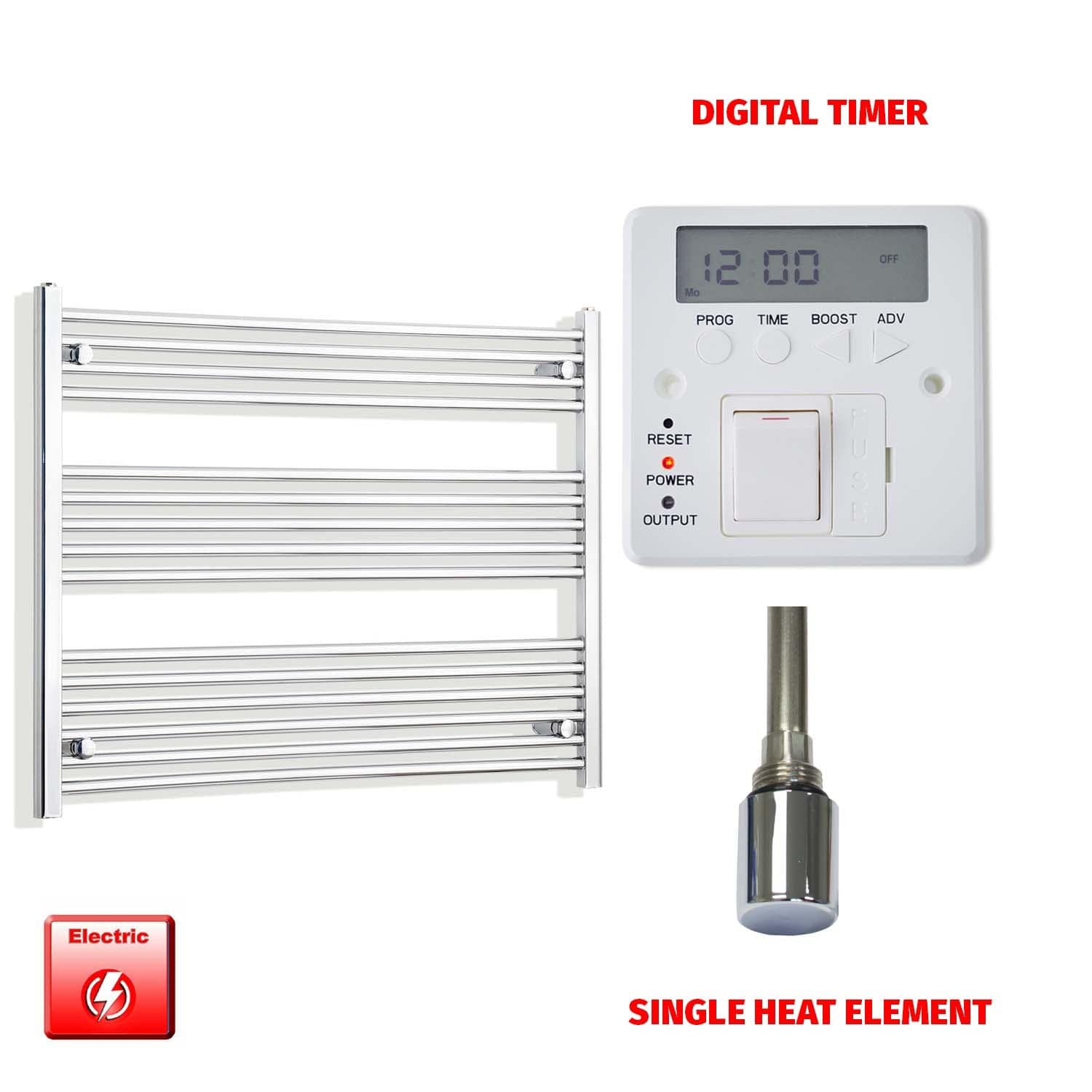Single Heat Element + Digital Timer 1000 x 800 Flat Chrome Pre-Filled Electric Heated Towel Rail