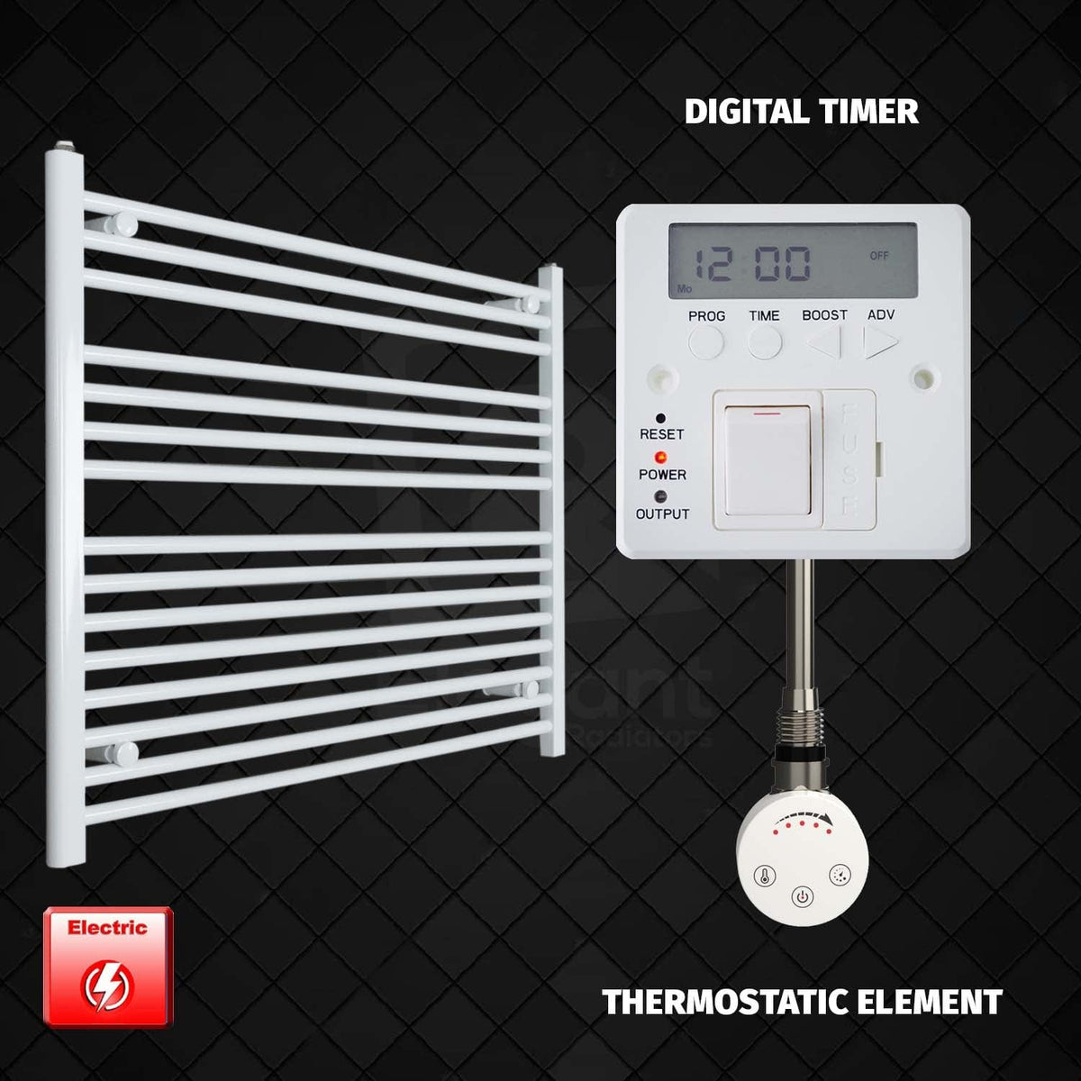 Thermostatic Element + Digital Timer 1000 x 800 Flat White Pre-Filled Electric Heated Towel Rail