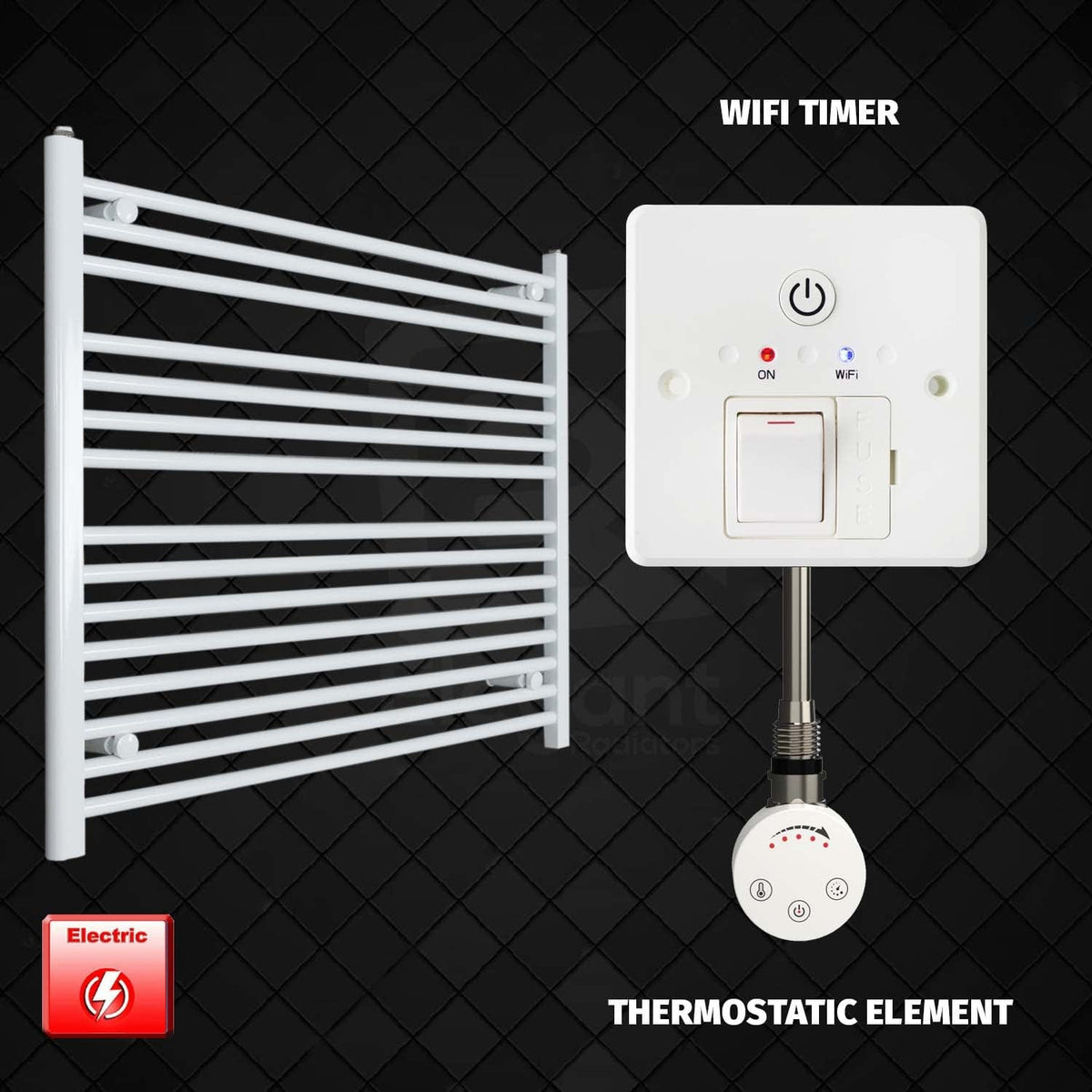 Thermostatic Element + Wifi Timer 1000 x 800 Flat White Pre-Filled Electric Heated Towel Rail
