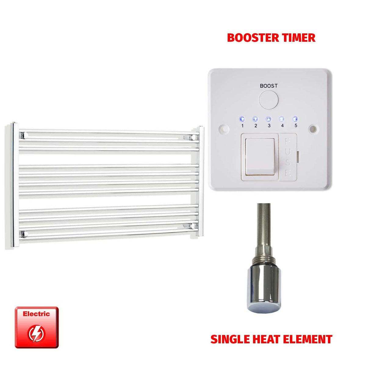 Single Heat Element + Booster Timer 1200 x 600 Flat Chrome Pre-Filled Electric Heated Towel Rail
