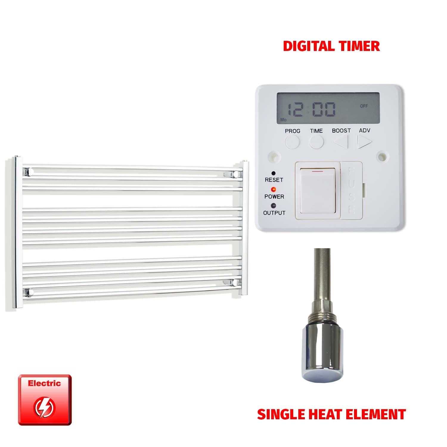 Single Heat Element + Digital Timer 1200 x 600 Flat Chrome Pre-Filled Electric Heated Towel Rail