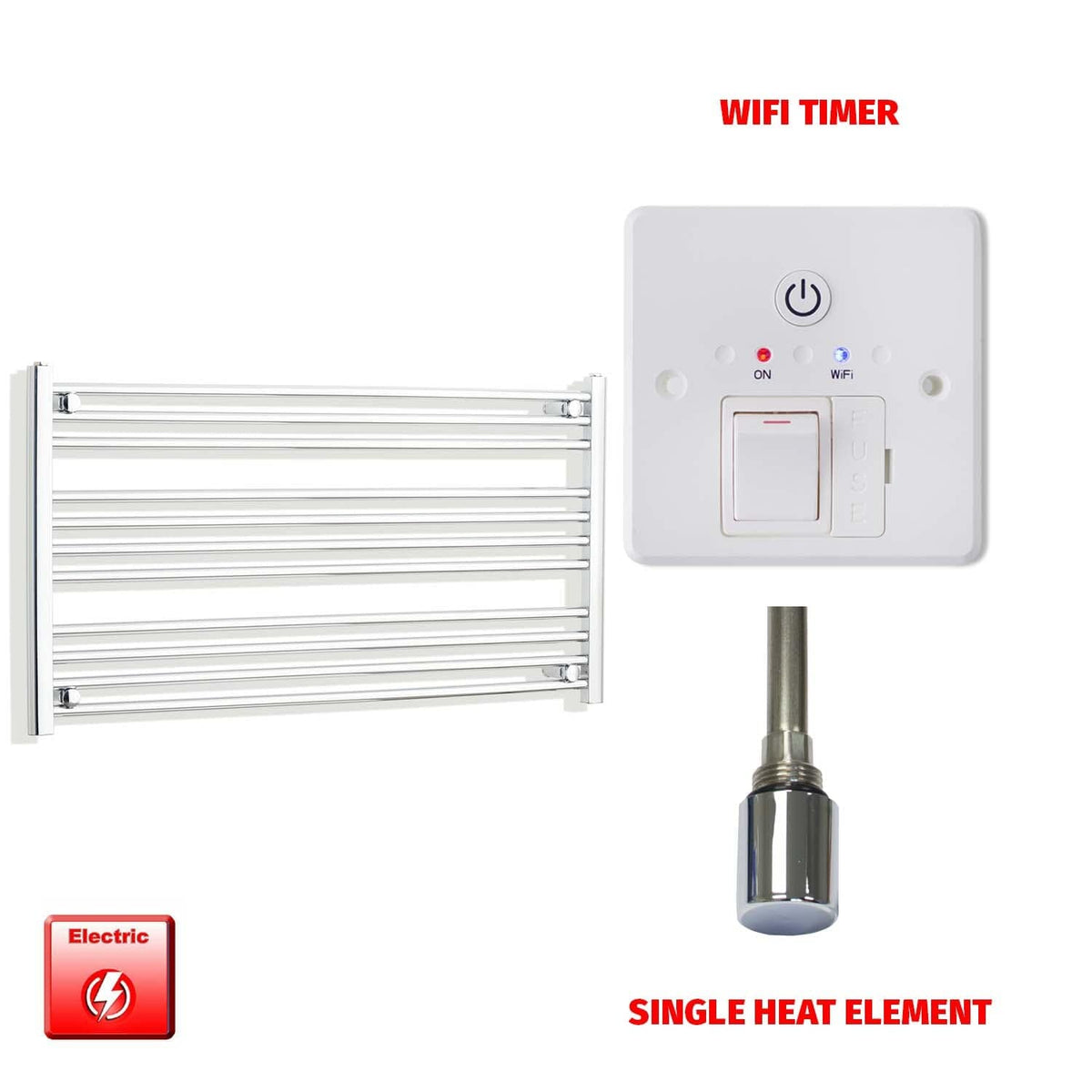 Single Heat Element + Wifi Timer 1200 x 600 Flat Chrome Pre-Filled Electric Heated Towel Rail