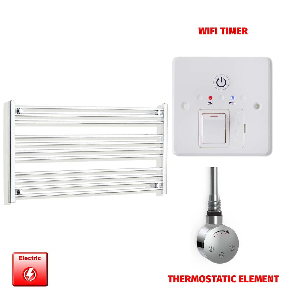 Thermostatic Element + Wifi Timer 1200 x 600 Flat Chrome Pre-Filled Electric Heated Towel Rail