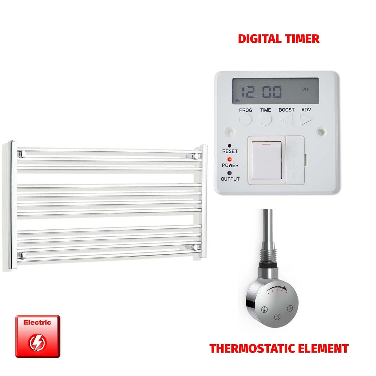 Thermostatic Element + Digital Timer 1200 x 600 Flat Chrome Pre-Filled Electric Heated Towel Rail